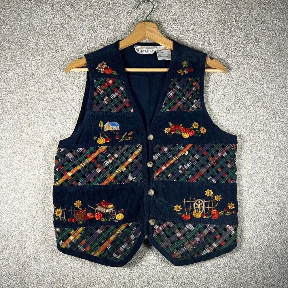 Vintage women's cute corduroy crochet embroidered button up fall vest Size M